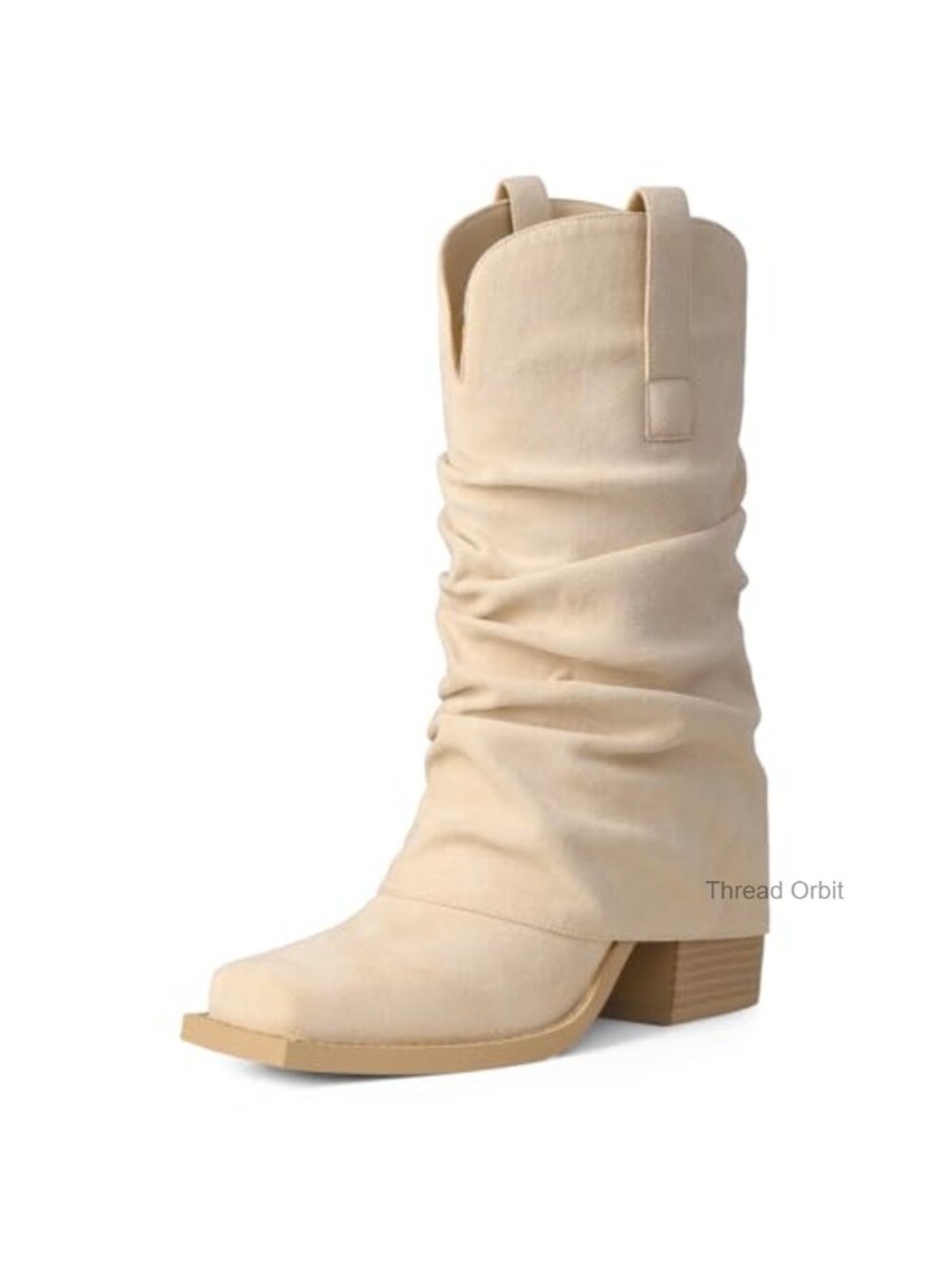 Suede Mid Calf Square Toe Fold Over Chunky Heel Slouchy Cowgirl Boots